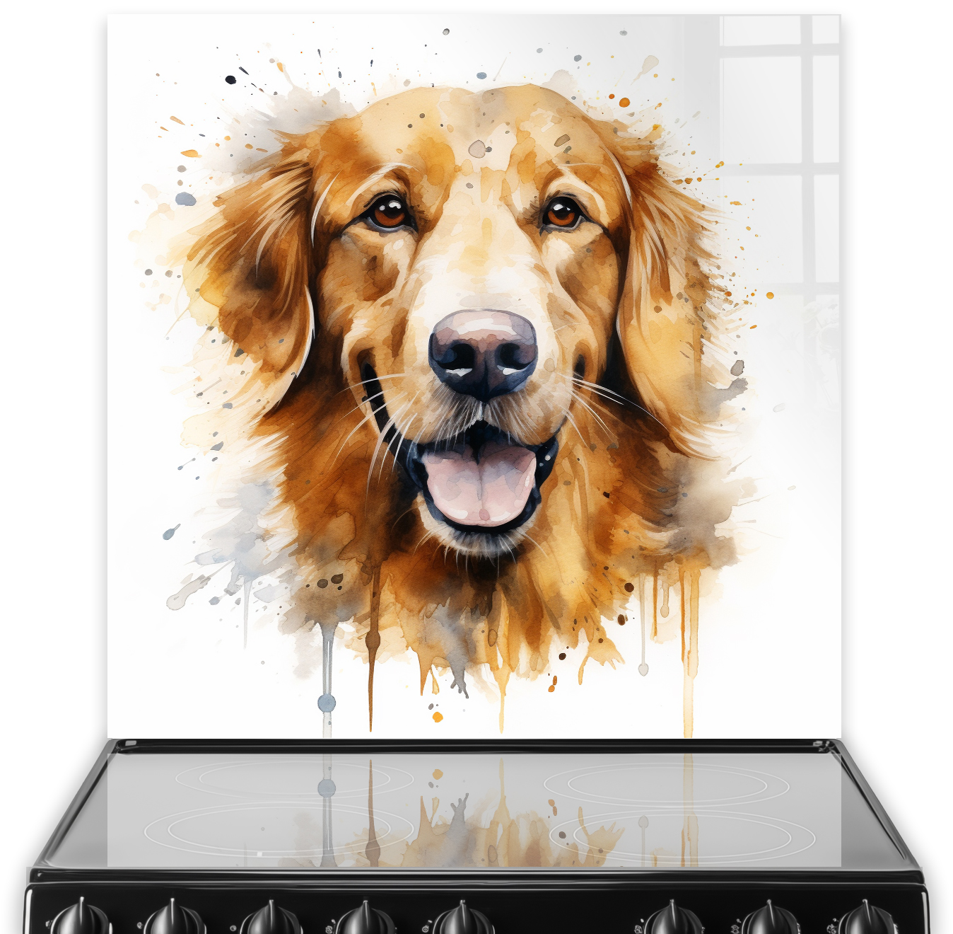 Golden Retriever dog printed kitchen splashback in warm colours