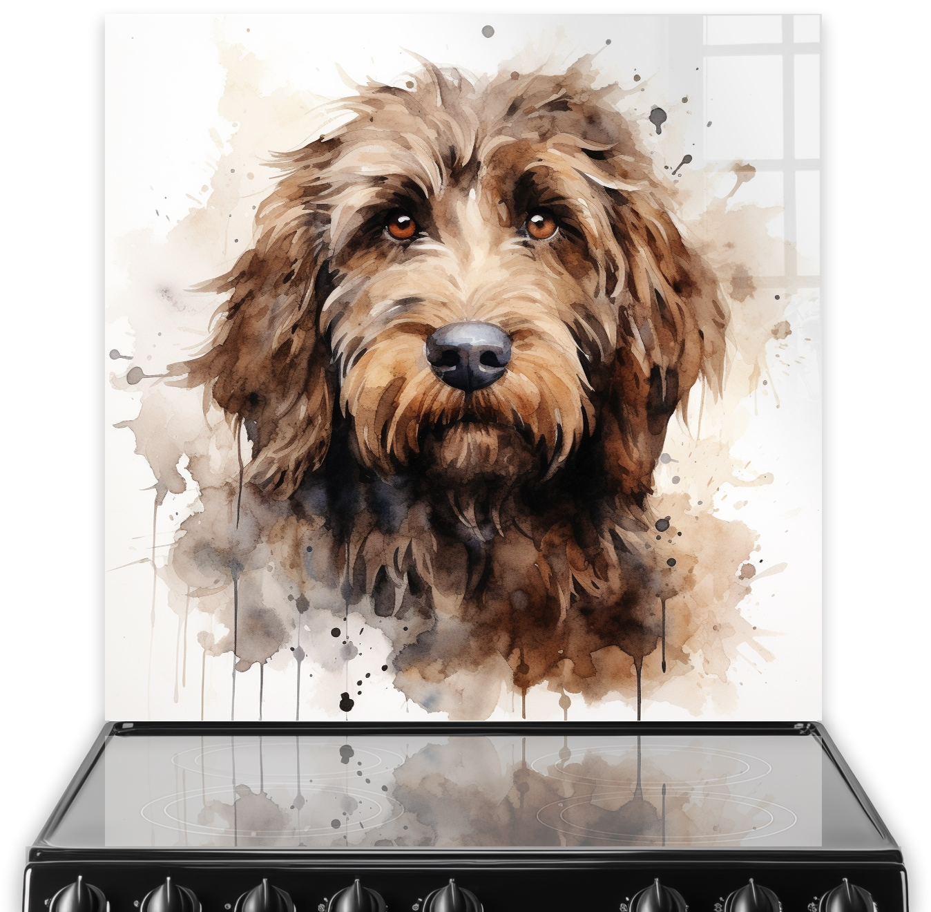 Labradoodle printed kitchen splashback art with brown and cream colour palette