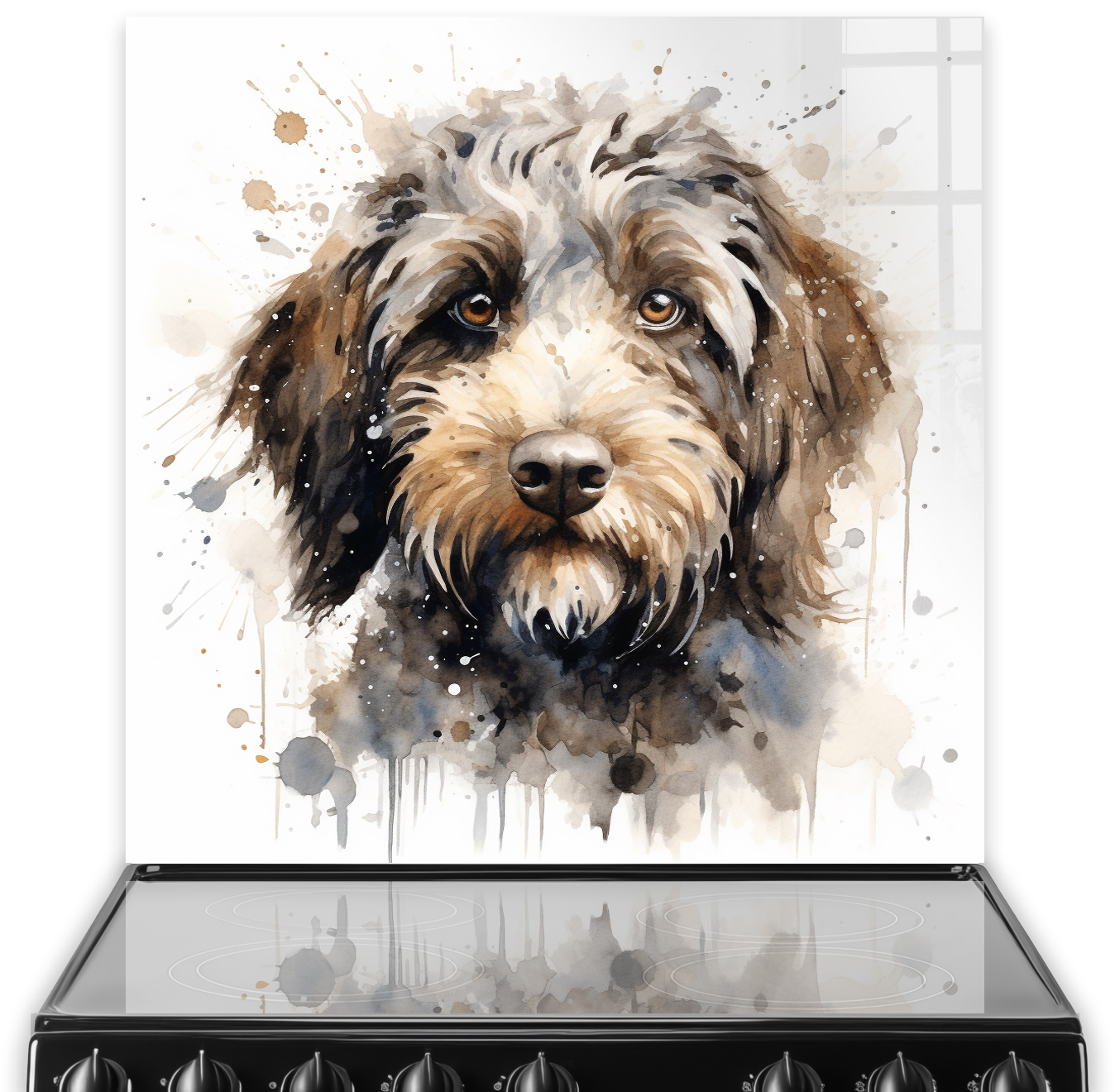 Artistic Labradoodle dog portrait printed kitchen splashback in sepia and umber tones with black and white splatter accents