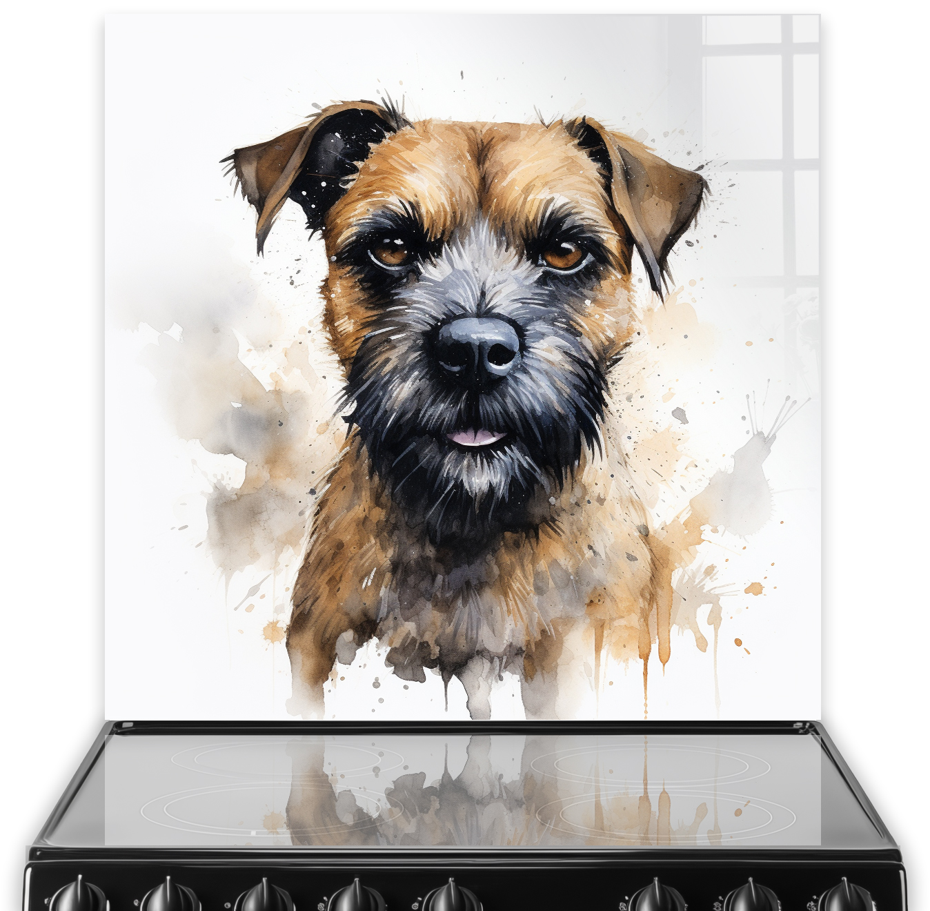 Artistic illustration of a Terrier dog on a kitchen splashback with soft watercolour splashes