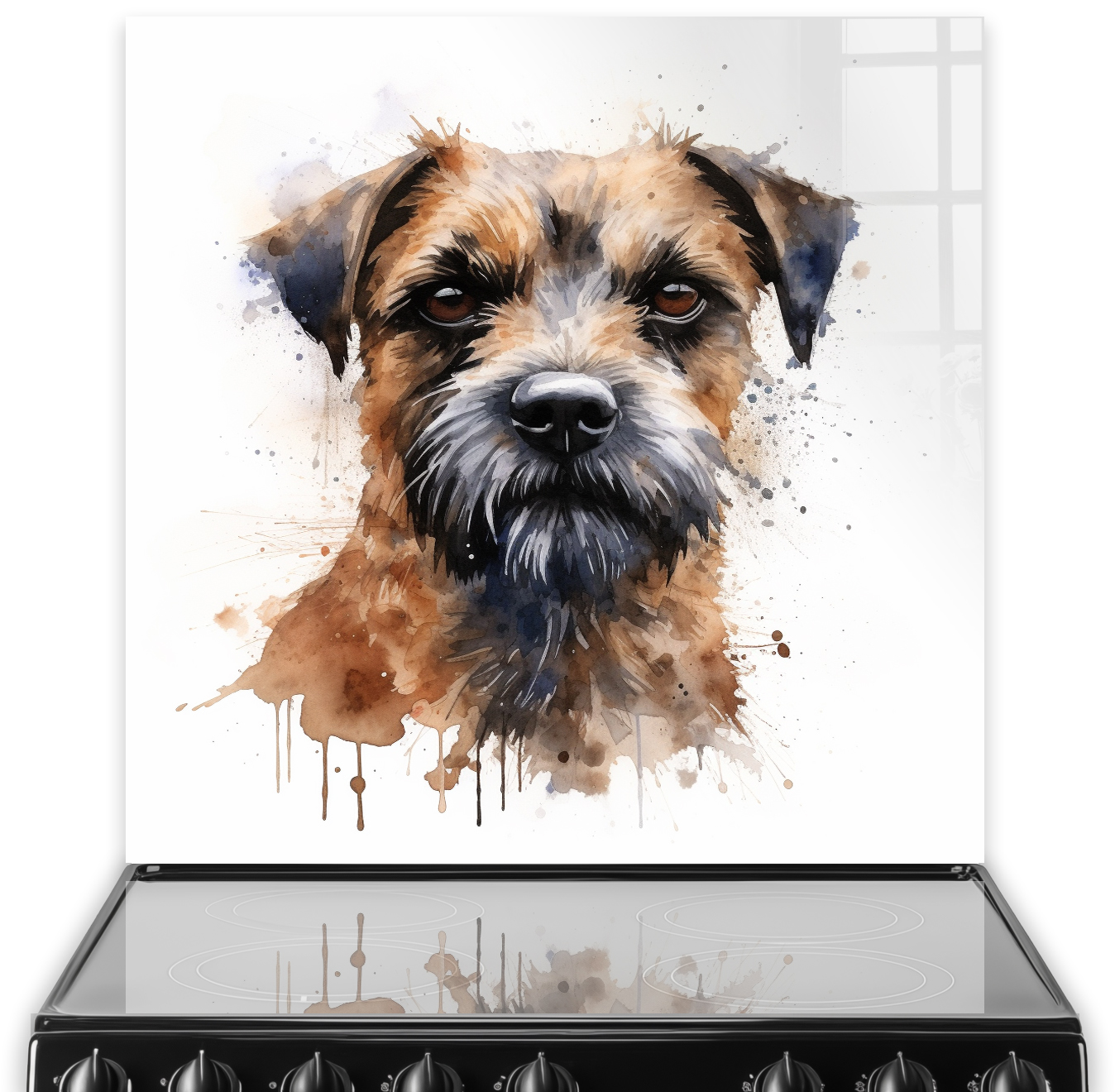 Watercolour portrait of a Border Terrier on a kitchen splashback