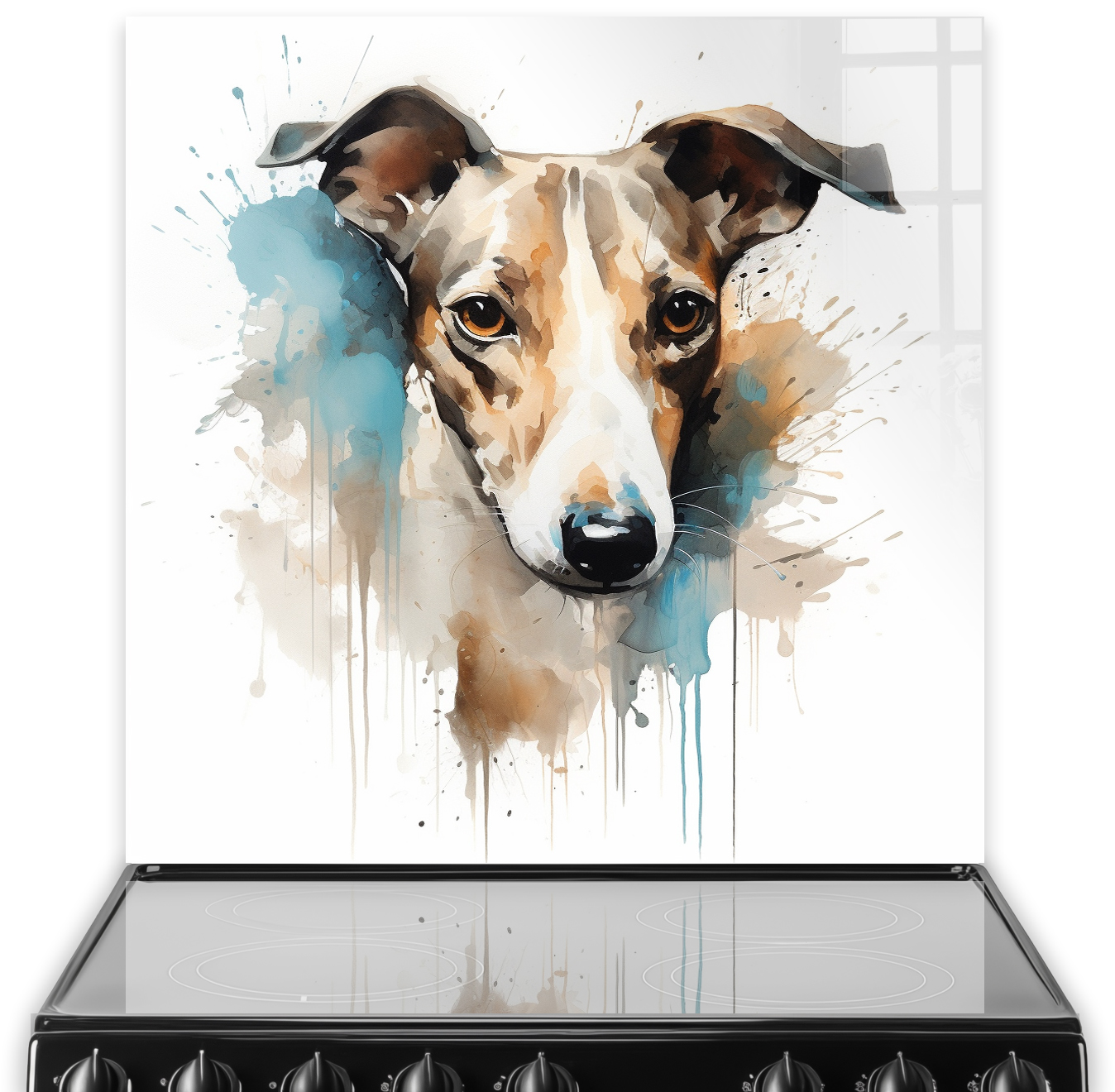 Artistic watercolour Whippet printed kitchen splashback in a modern kitchen