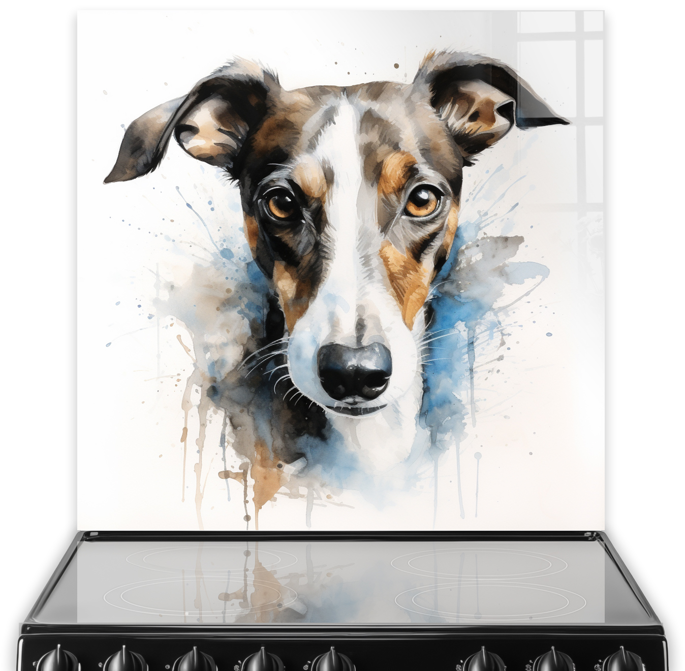 Artistic watercolour whippet illustration on a kitchen splashback