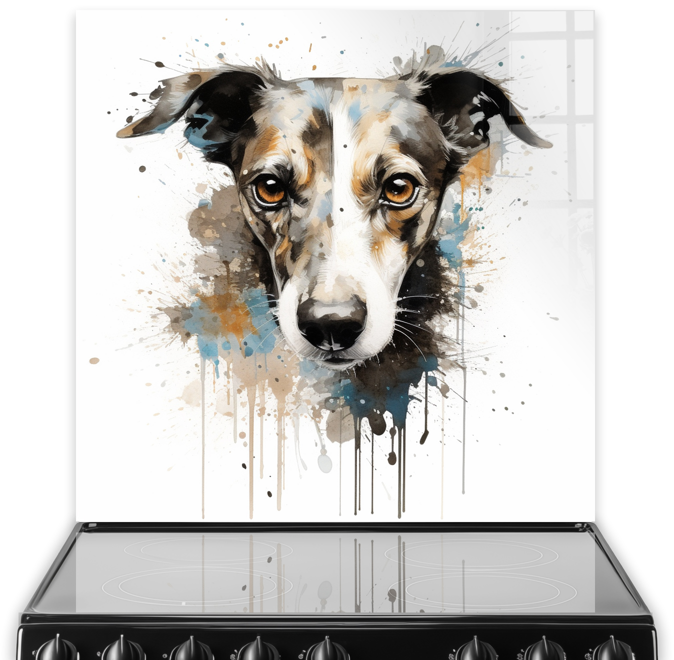 Artistic Whippet dog printed kitchen splashback in earthy and blue tones