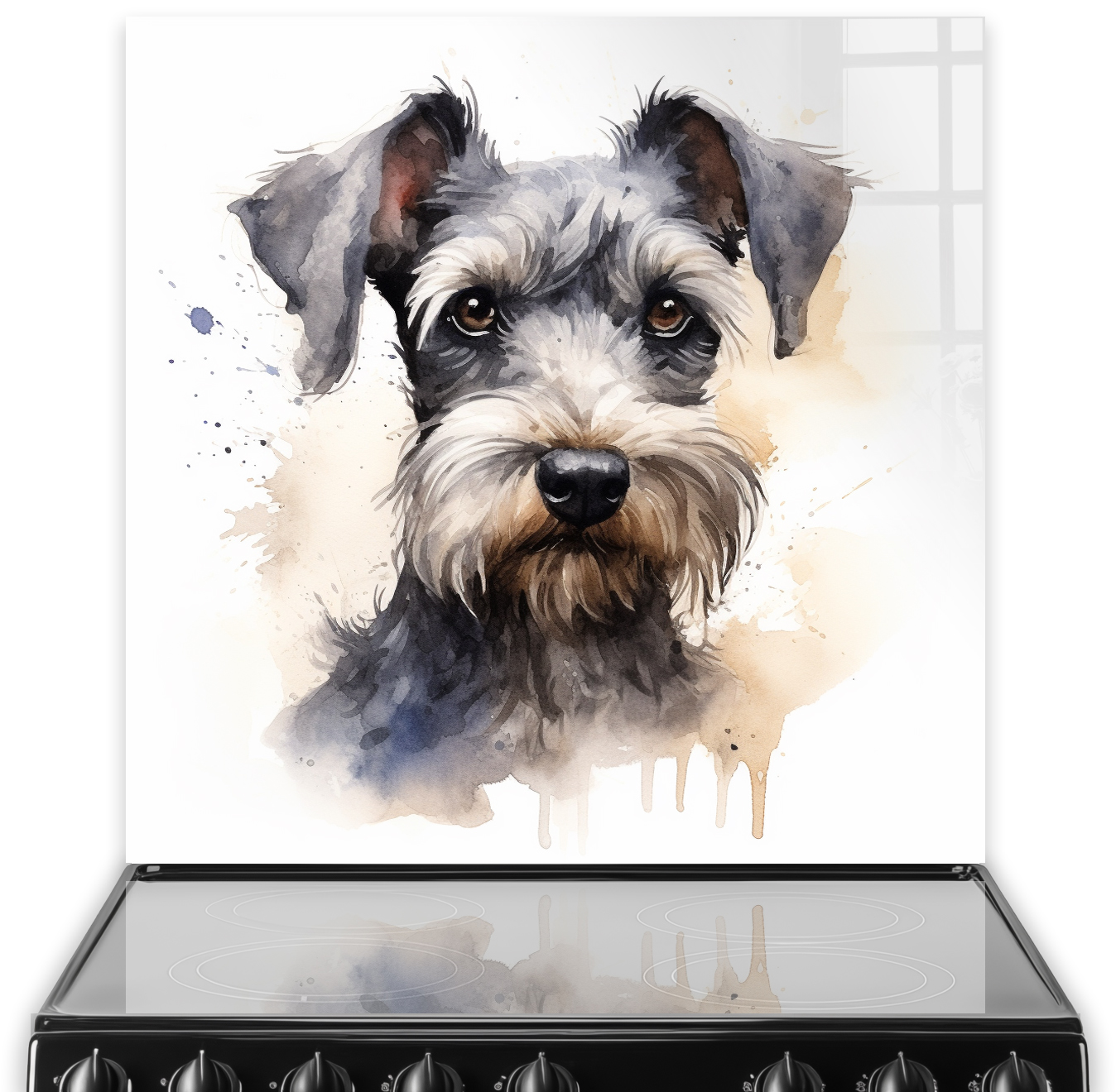 Printed Schnauzer dog kitchen splashback in watercolour hues