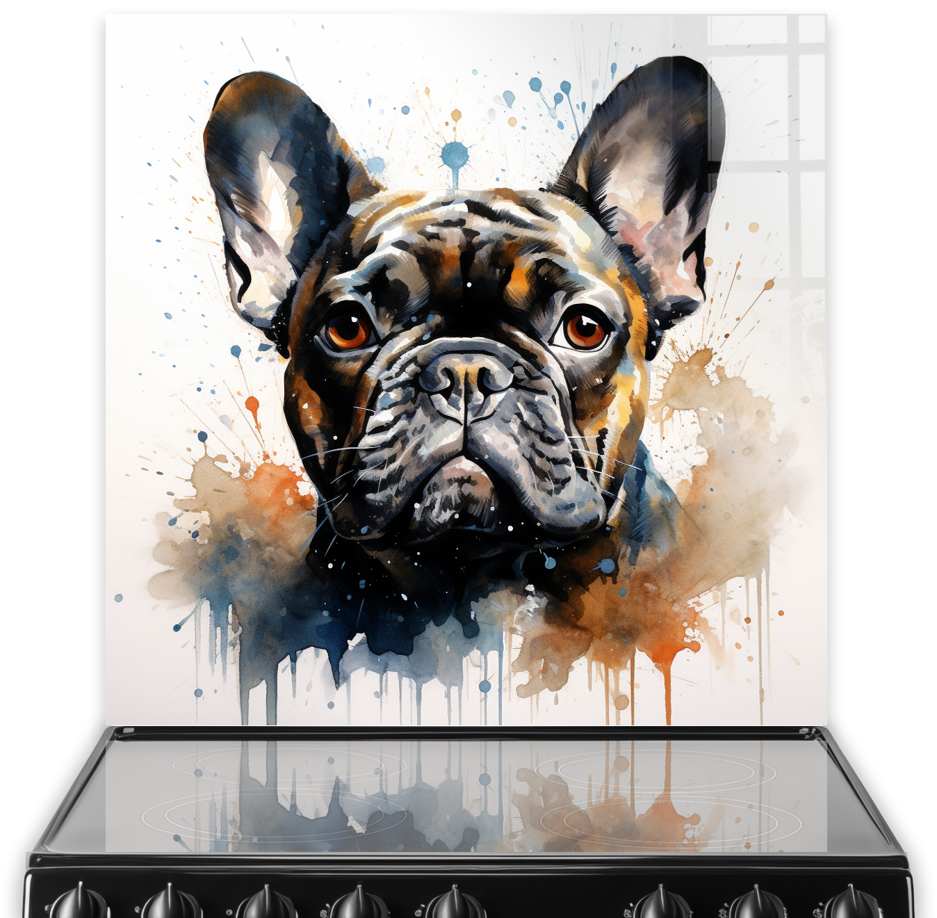Printed French Bulldog watercolour splashback art in kitchen, with brown, blue, and orange hues