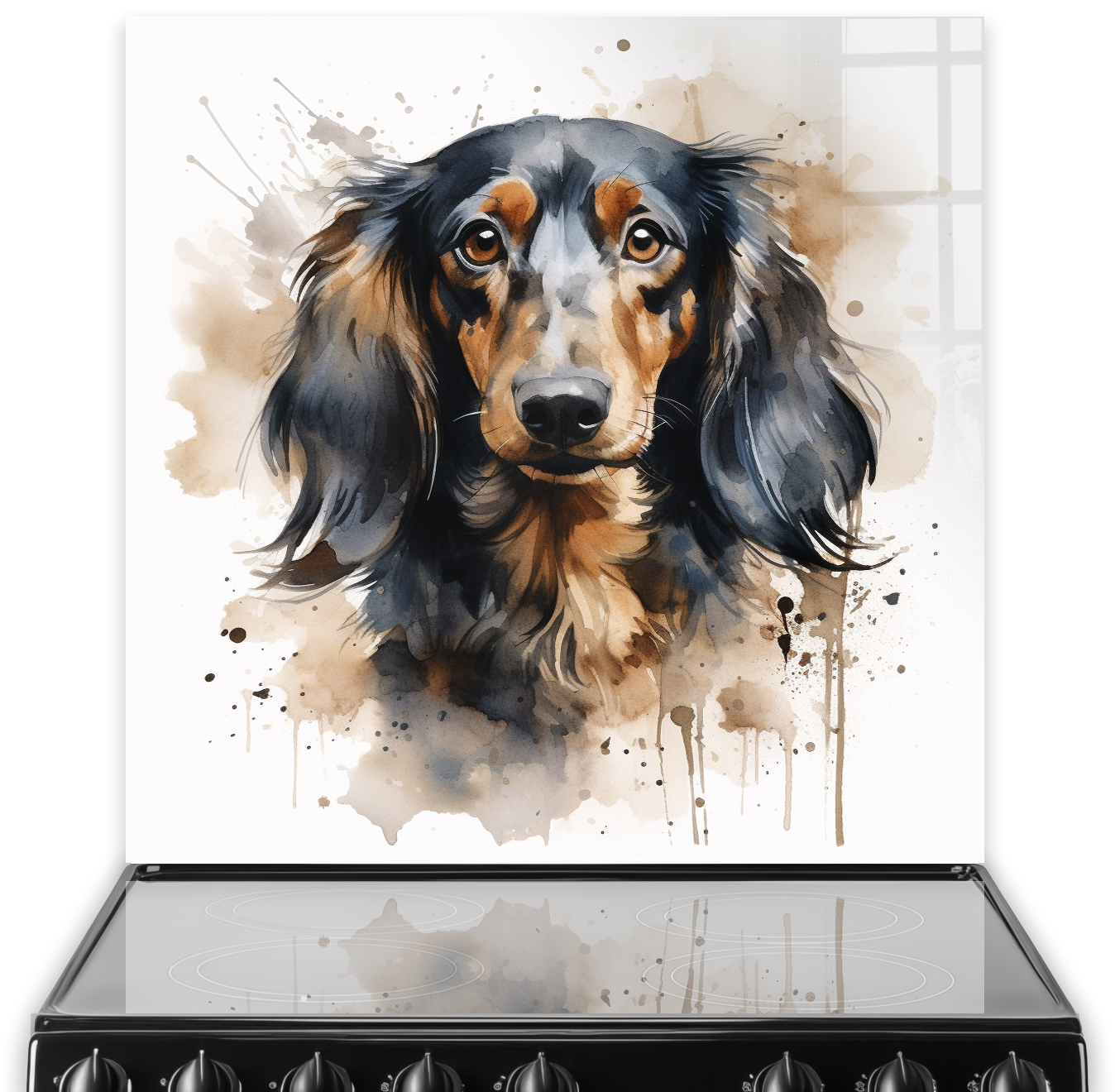 Artistic Dachshund kitchen splashback with warm watercolour tones