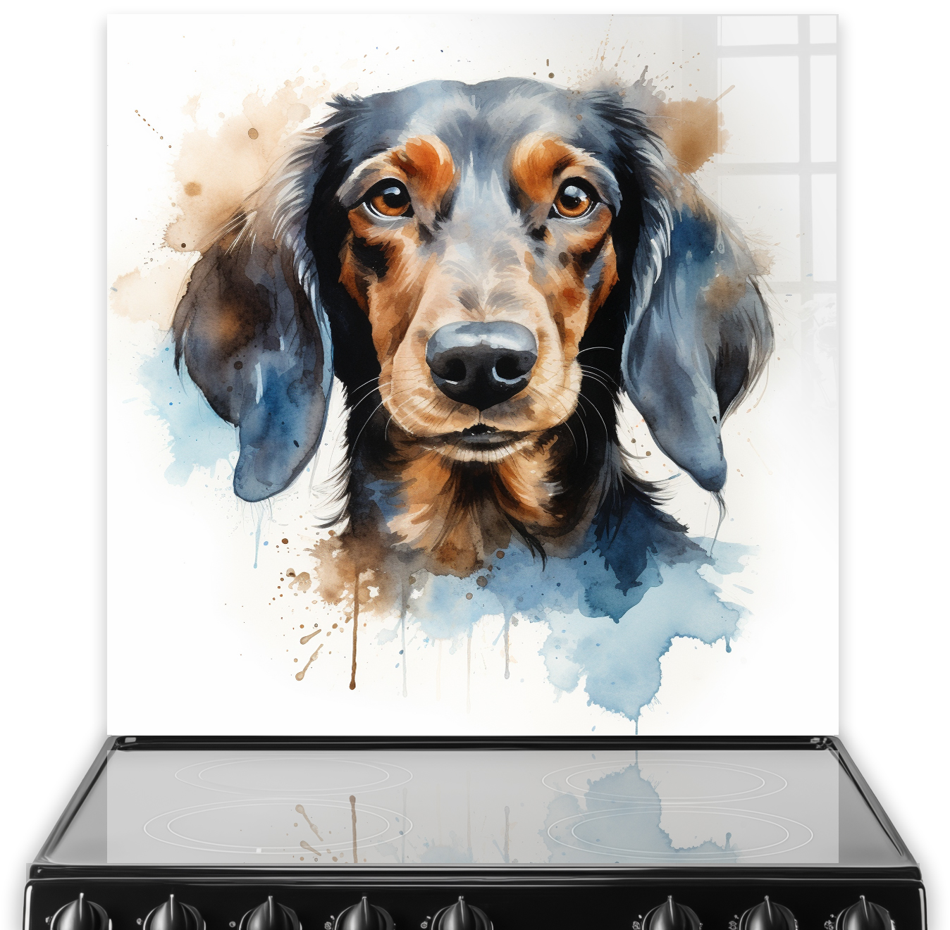 Artistic Dachshund kitchen splashback with watercolour splashes in blue and brown