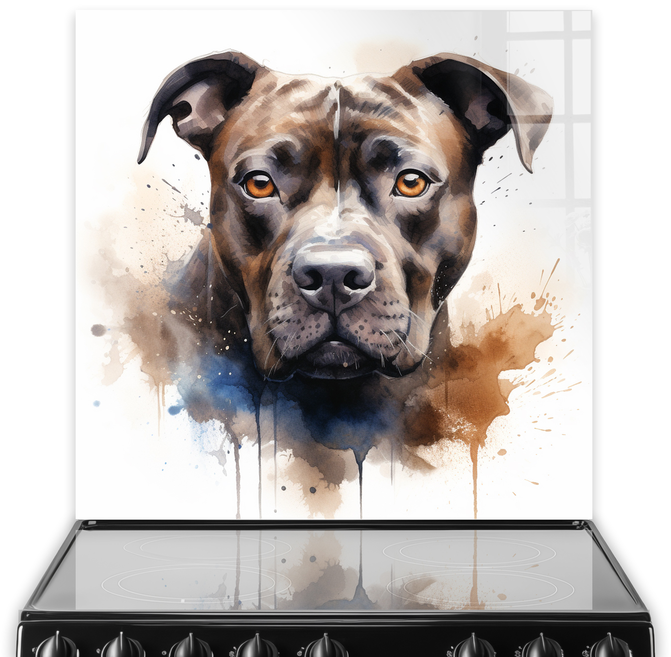 Artistic Mastiff dog kitchen splashback in watercolour style with brown and blue hues
