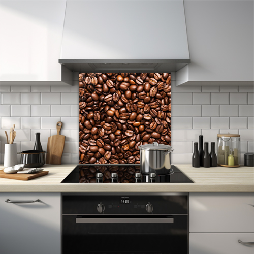 Glass splashback filled with hundreds of coffee beans in different shades.