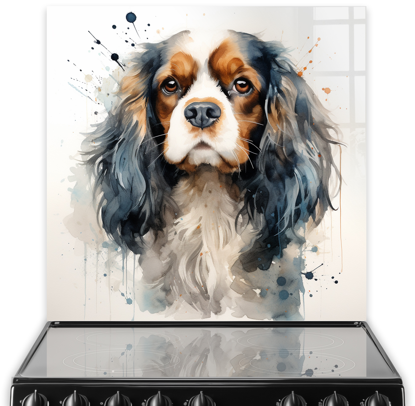 Artistic printed Cavalier King Charles Spaniel kitchen splashback in watercolour style with blue and earthy tones