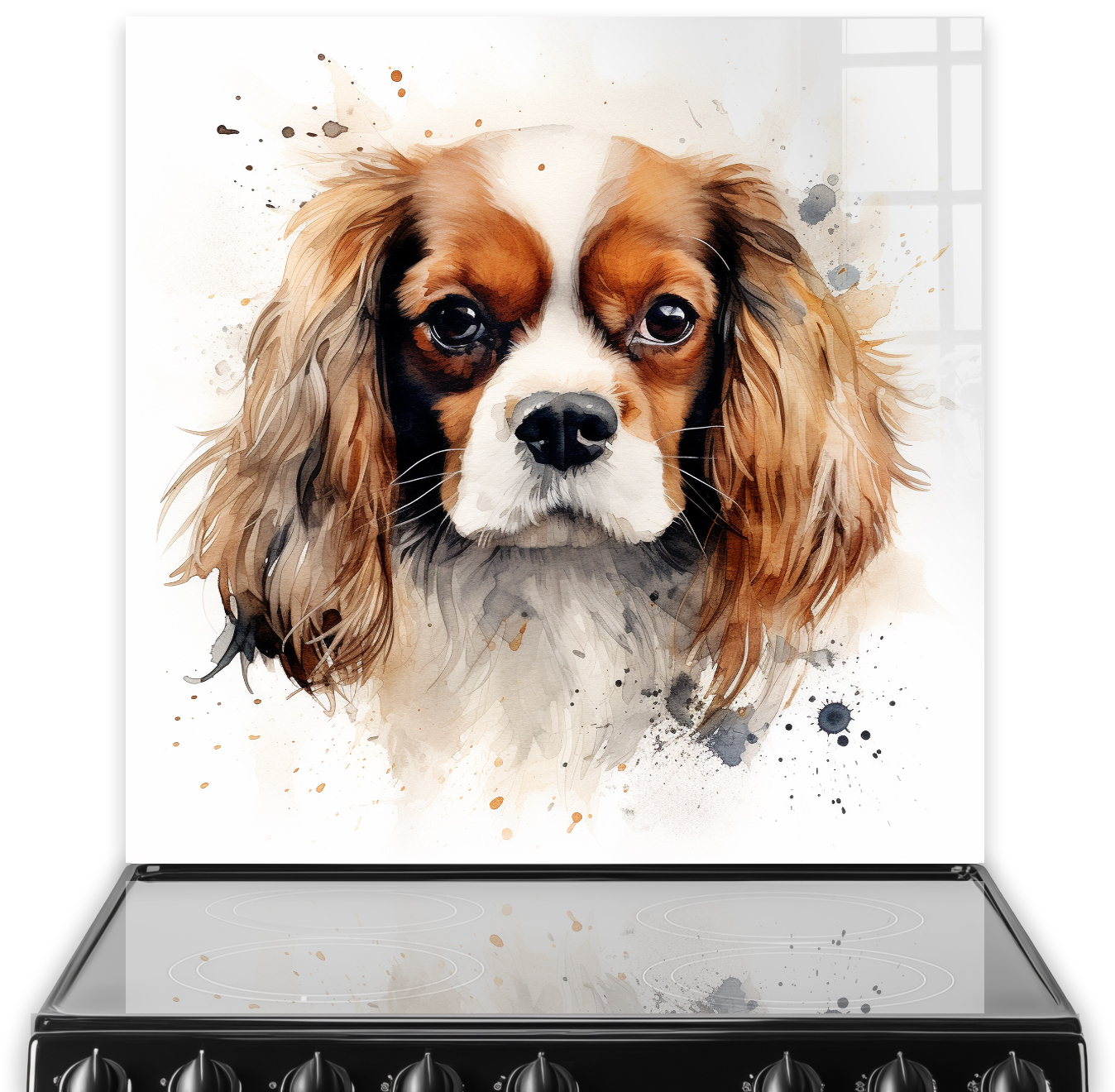 Illustrated Cavalier King Charles Spaniel on kitchen splashback with abstract watercolour accents
