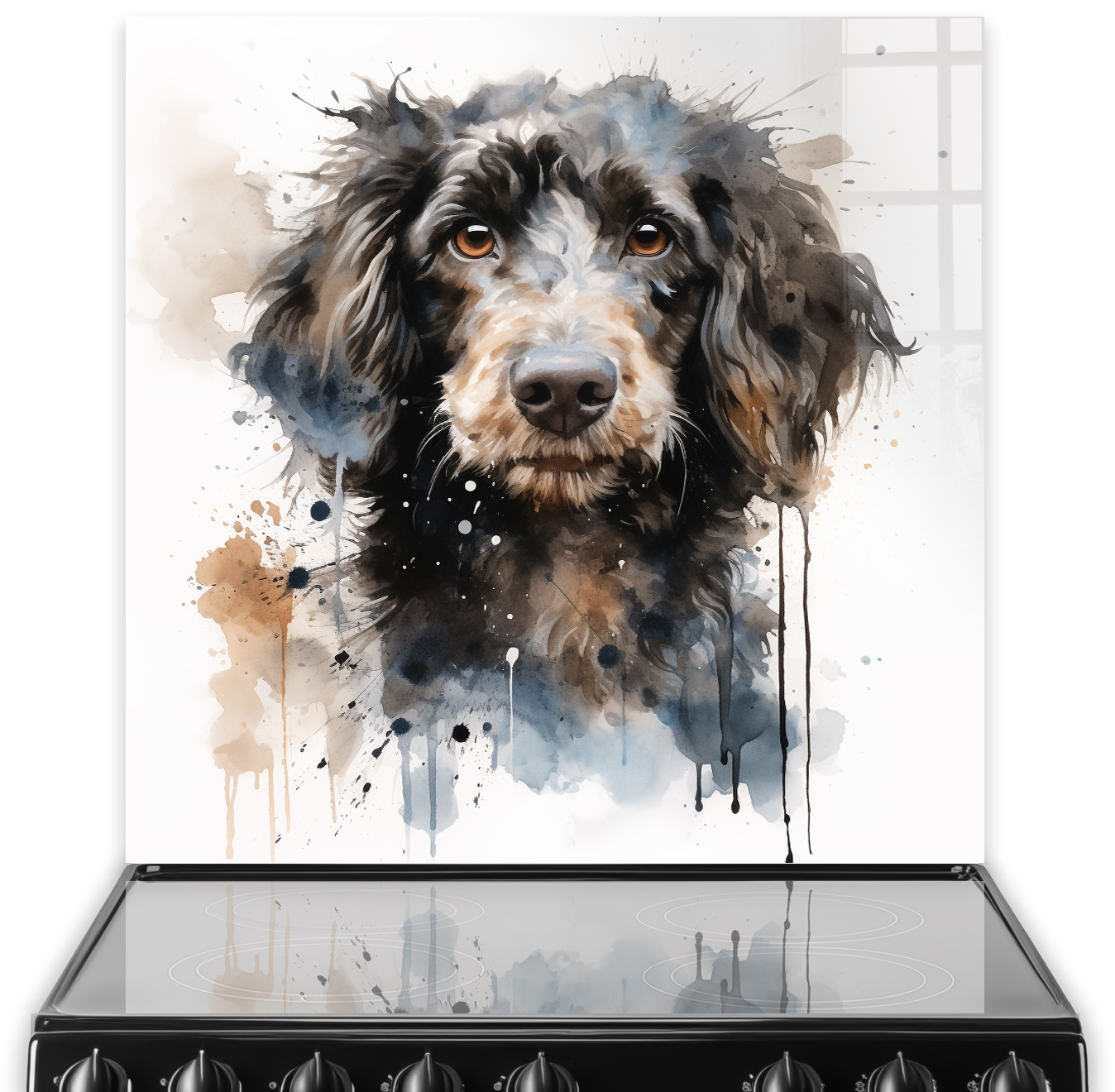Artistic watercolour printed Poodle on a kitchen splashback with brown, grey, and black tones.