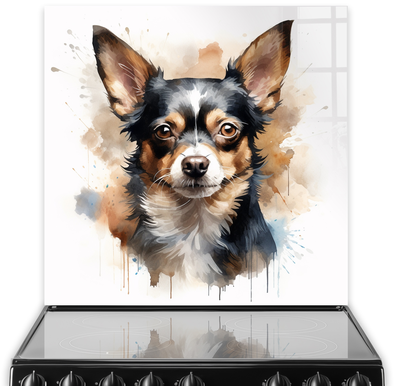 Colourful printed Chihuahua splashback art in warm and soft hues