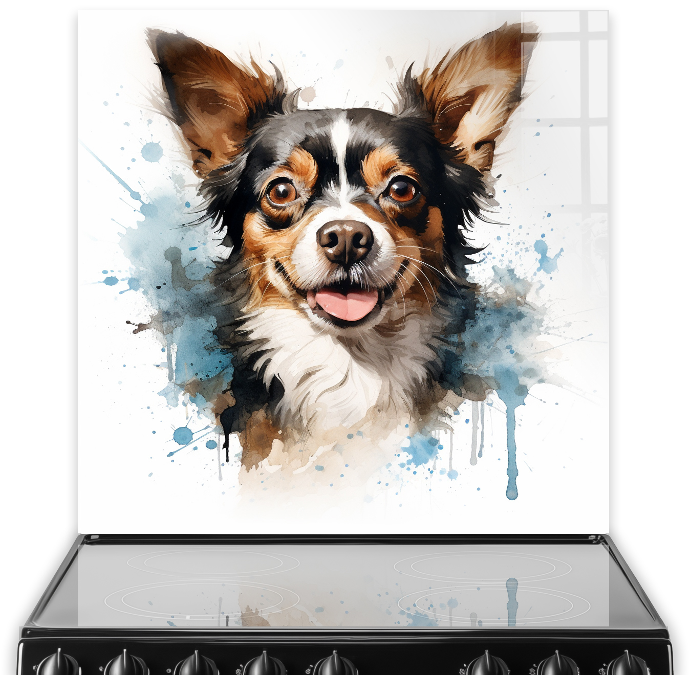 Colourful printed Chihuahua splashback, with abstract blue and brown watercolour splashes, above a cooker.