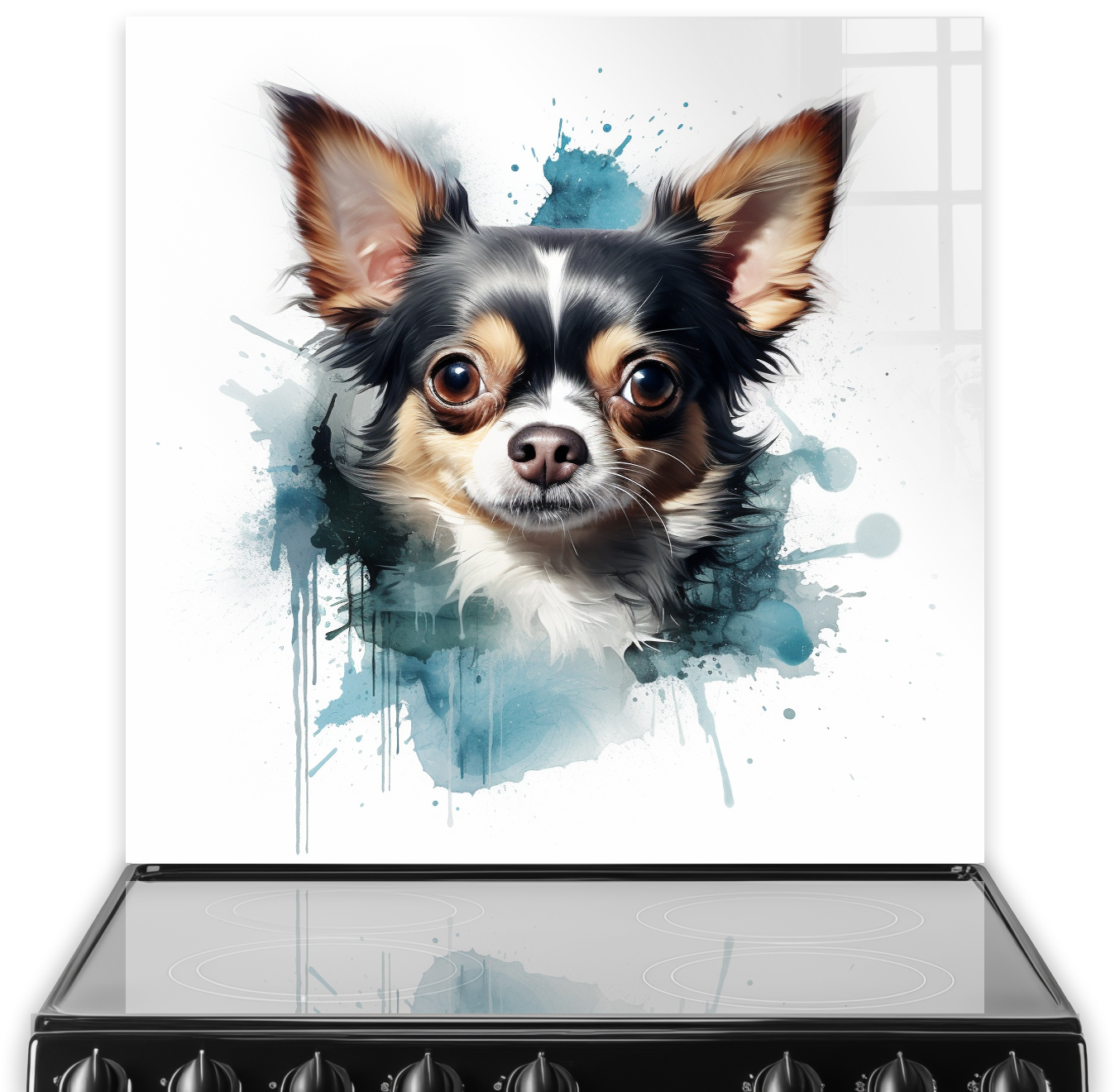 Felix the Cheeky Chihuahua printed kitchen splashback featuring a colourful and cute Chihuahua portrait with blue splashes