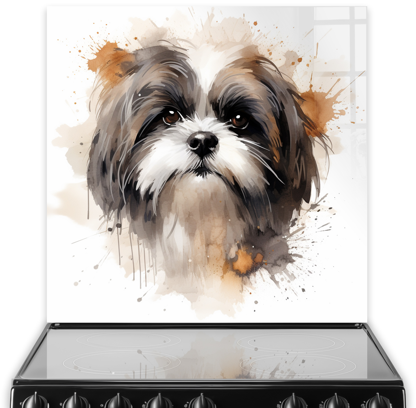 Artistic printed Shih Tzu kitchen splashback in brown, cream, amber, and ebony