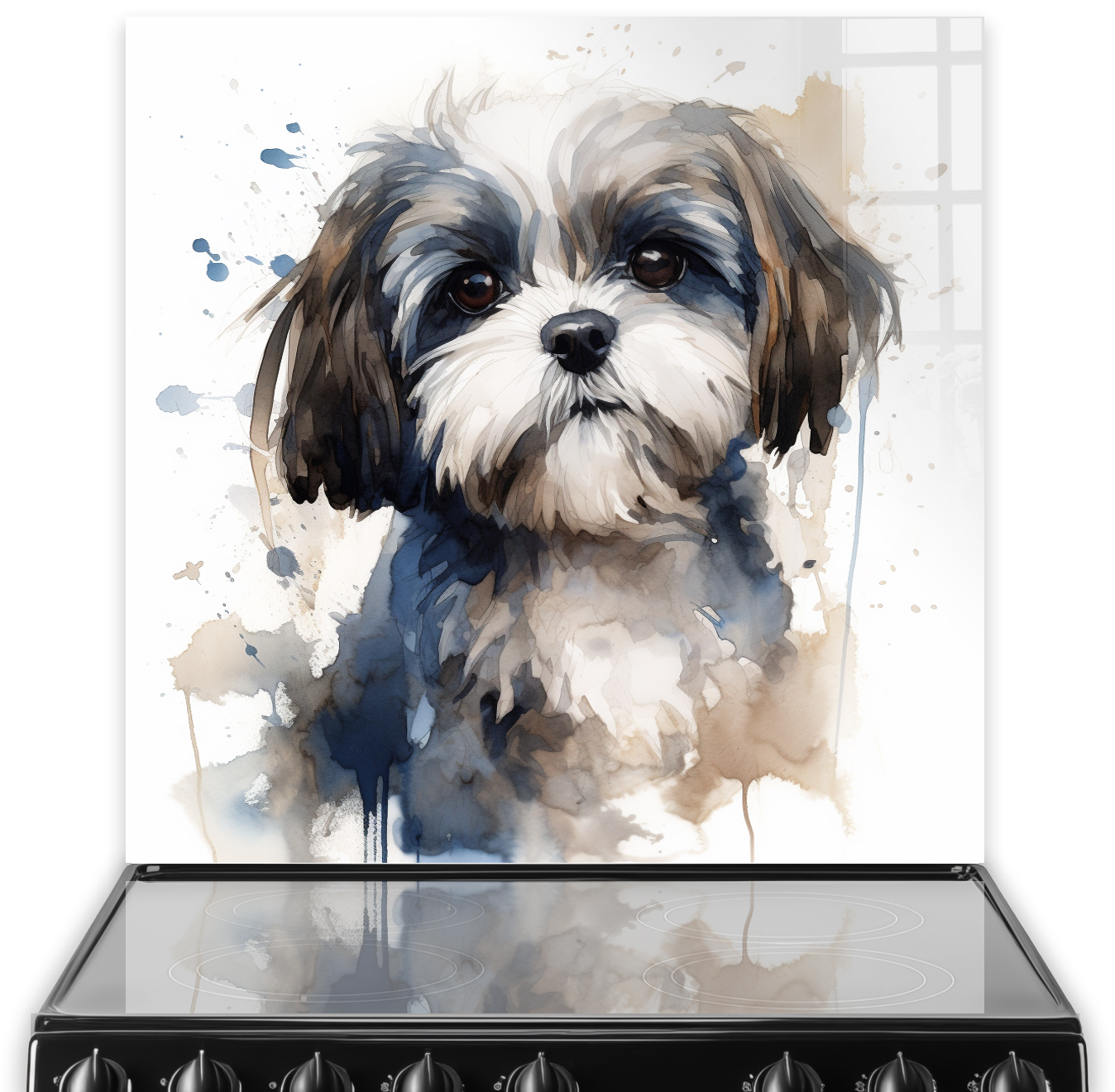 Illustrated Shih Tzu in watercolours on a printed kitchen splashback