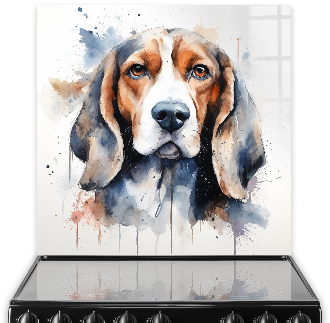 Artistic Beagle dog printed kitchen splashback in brown, amber, and blue hues