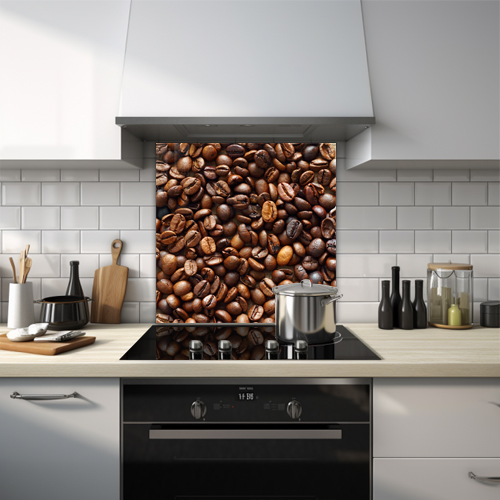 Close-up glass splashback of coffee beans in varying shades of brown.