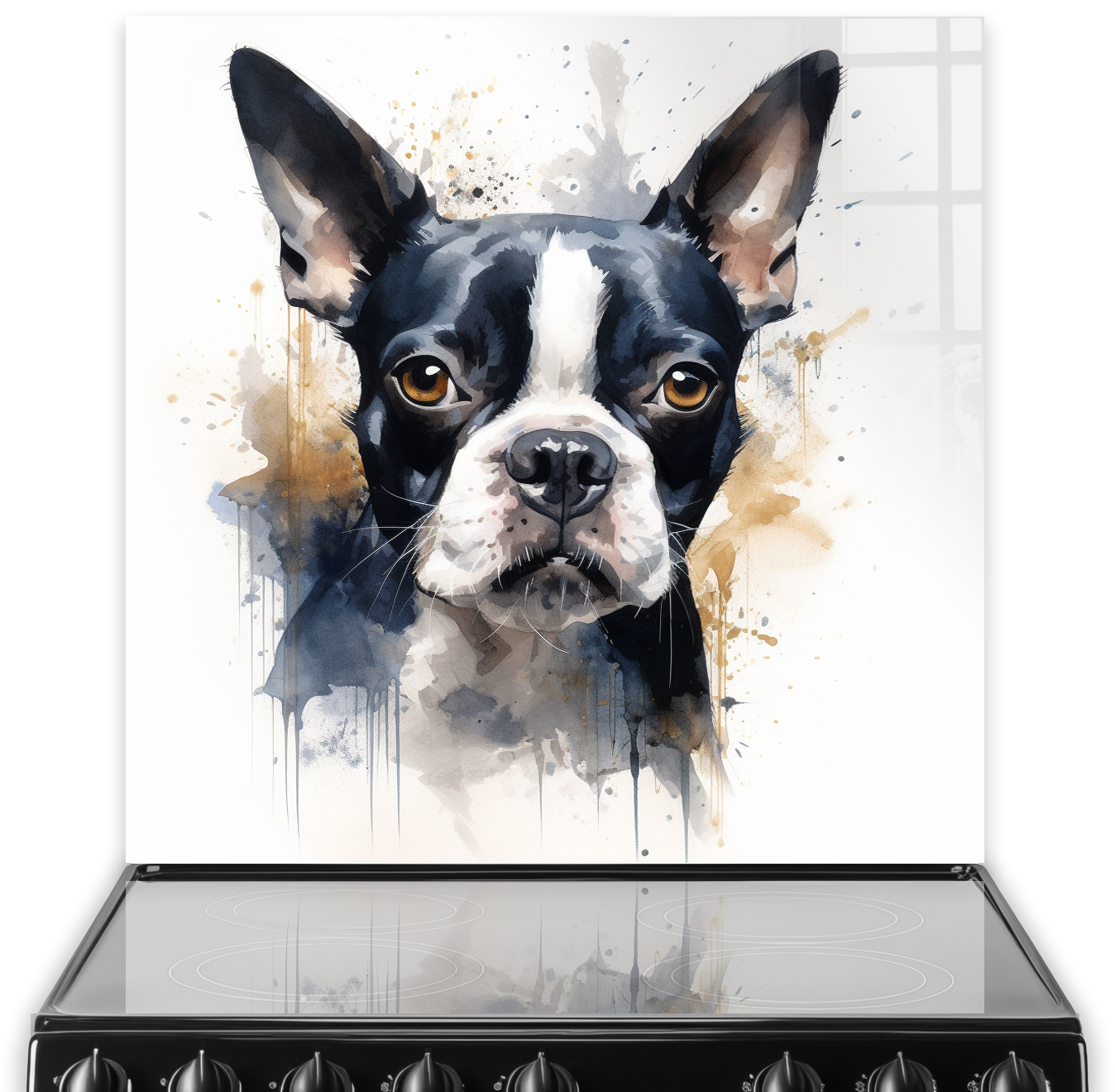 Artistic Boston Terrier printed kitchen splashback in black, white, and amber over a stove