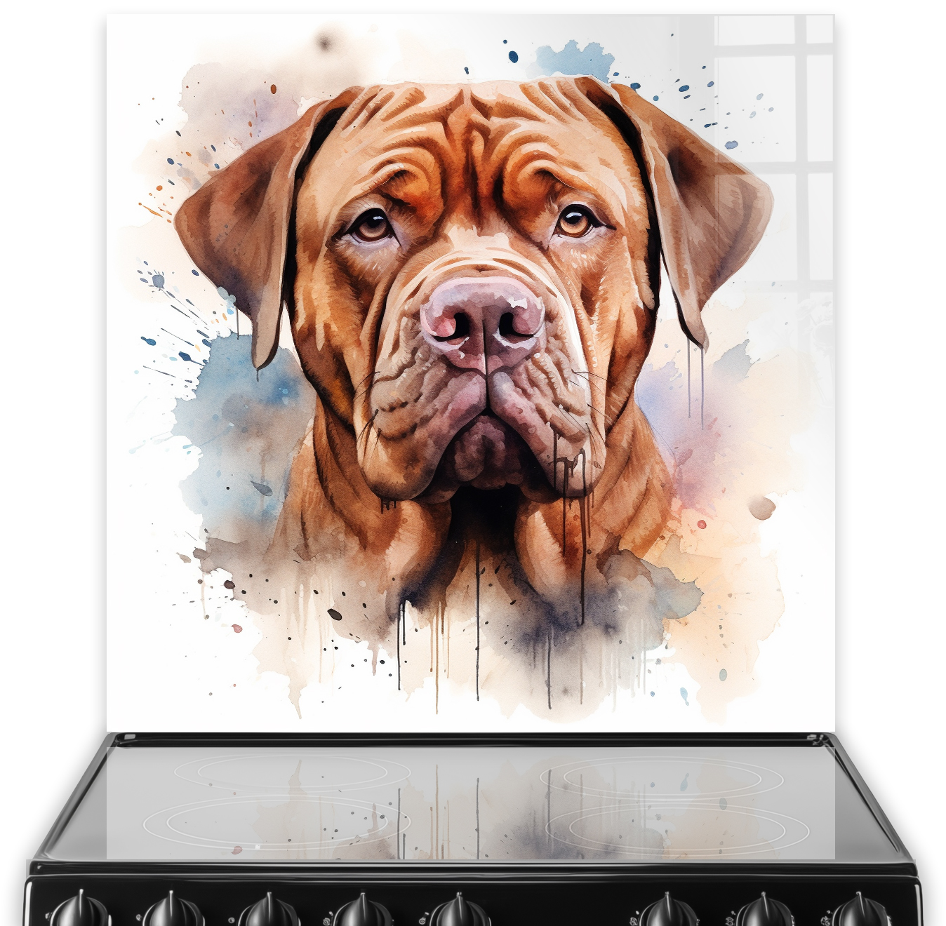 Illustrative Dogue de Bordeaux printed kitchen splashback art in warm brown and blue tones