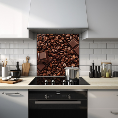 Glass splashback filled with coffee beans and chocolate pieces.
