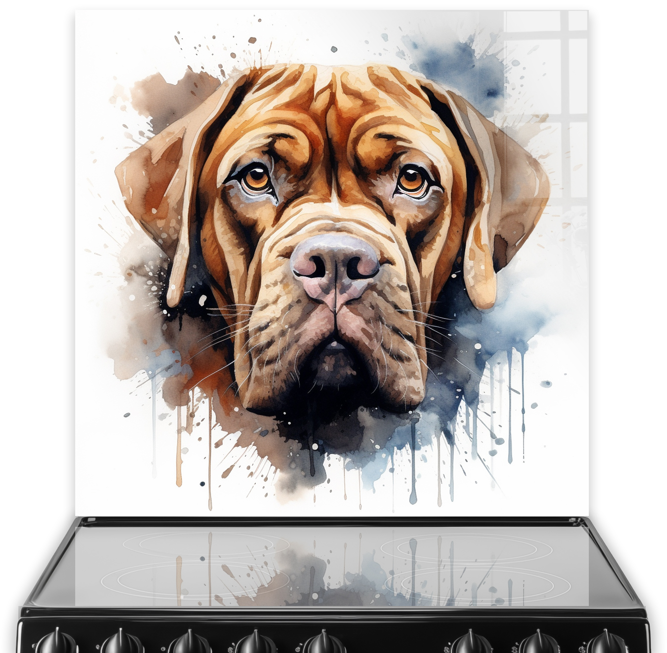 Dogue de Bordeaux kitchen splashback art in amber and sienna with watercolour splashes