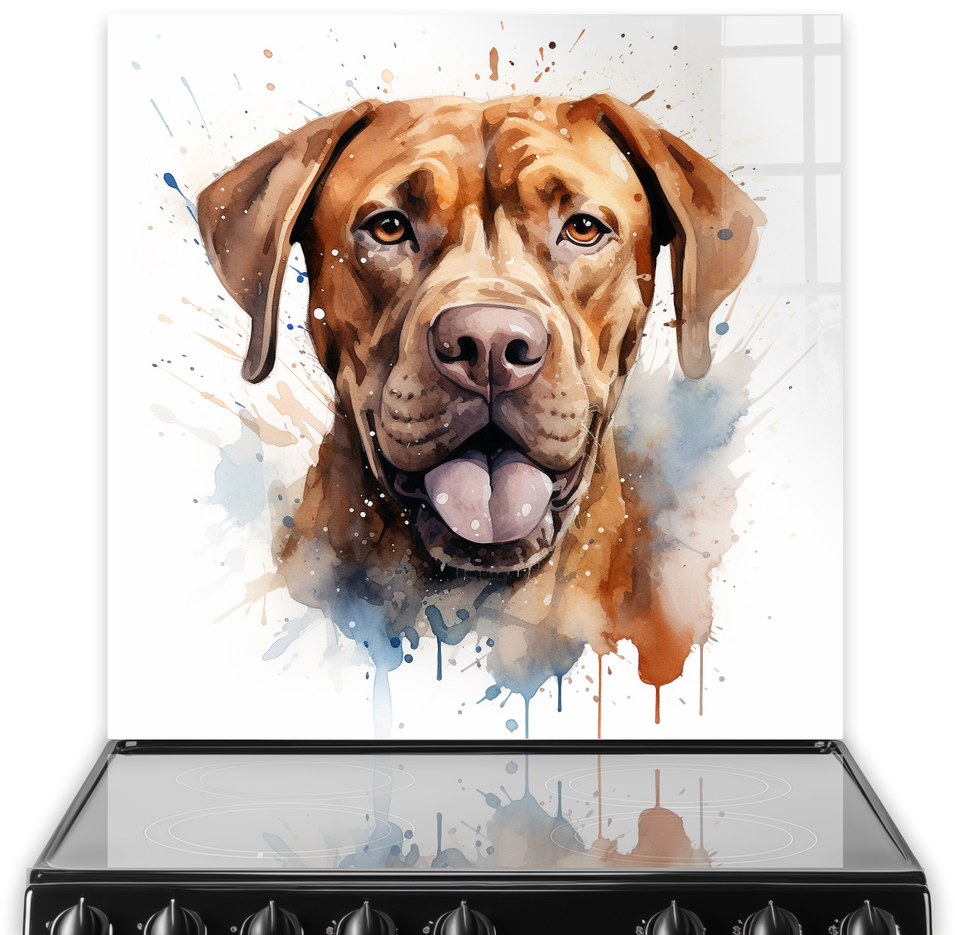 Artistic printed Dogue de Bordeaux kitchen splashback featuring warm hues and splatter art
