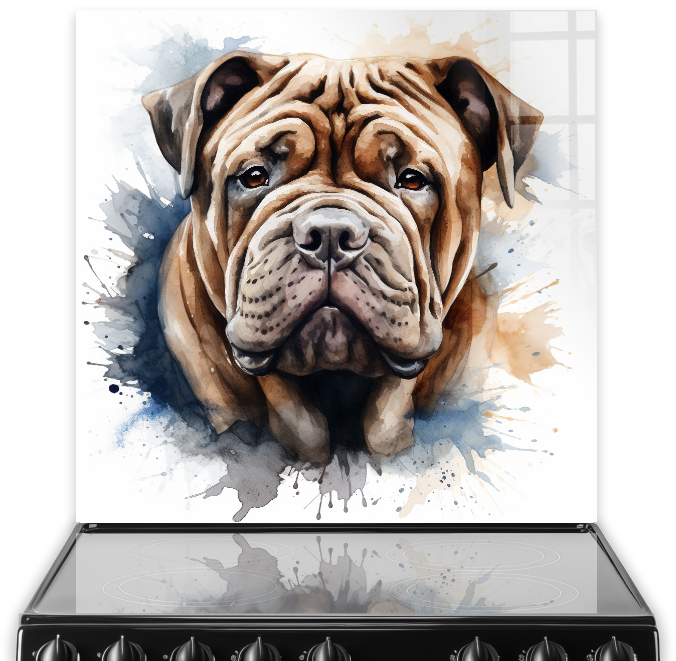 Artistic Chinese Shar-Pei printed kitchen splashback with beige, cream, grey, and blue tones