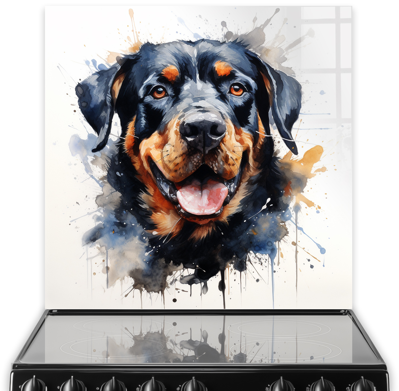 Artistic printed Rottweiler splashback with abstract watercolour in kitchen setting
