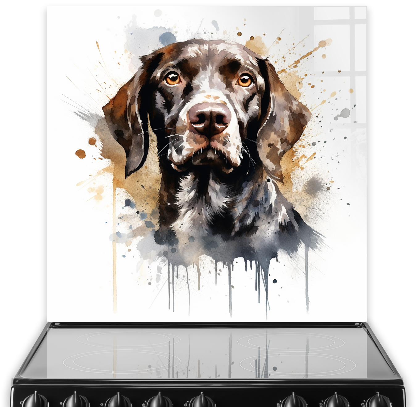 German Short Haired Pointer dog printed kitchen splashback artwork in warm sepia and dark tones.