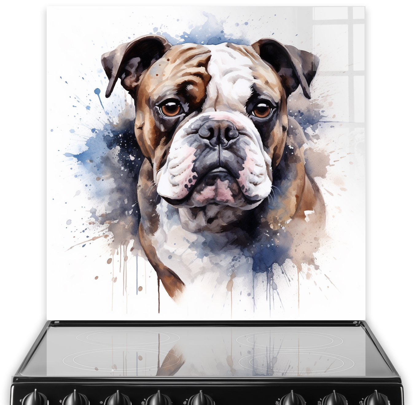 Watercolour painted Bulldog on printed kitchen splashback with blue and tan splatter accents
