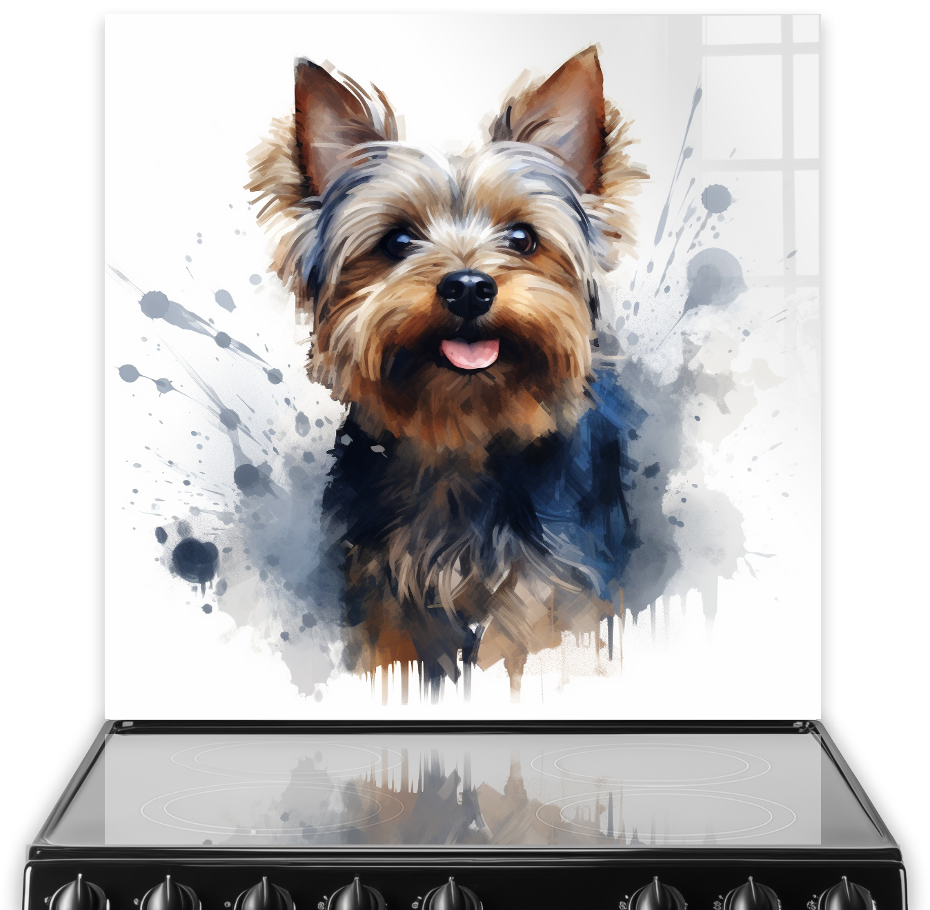 Adorable painted Yorkshire Terrier, Dolly, on kitchen splashback with abstract watercolour splashes in background