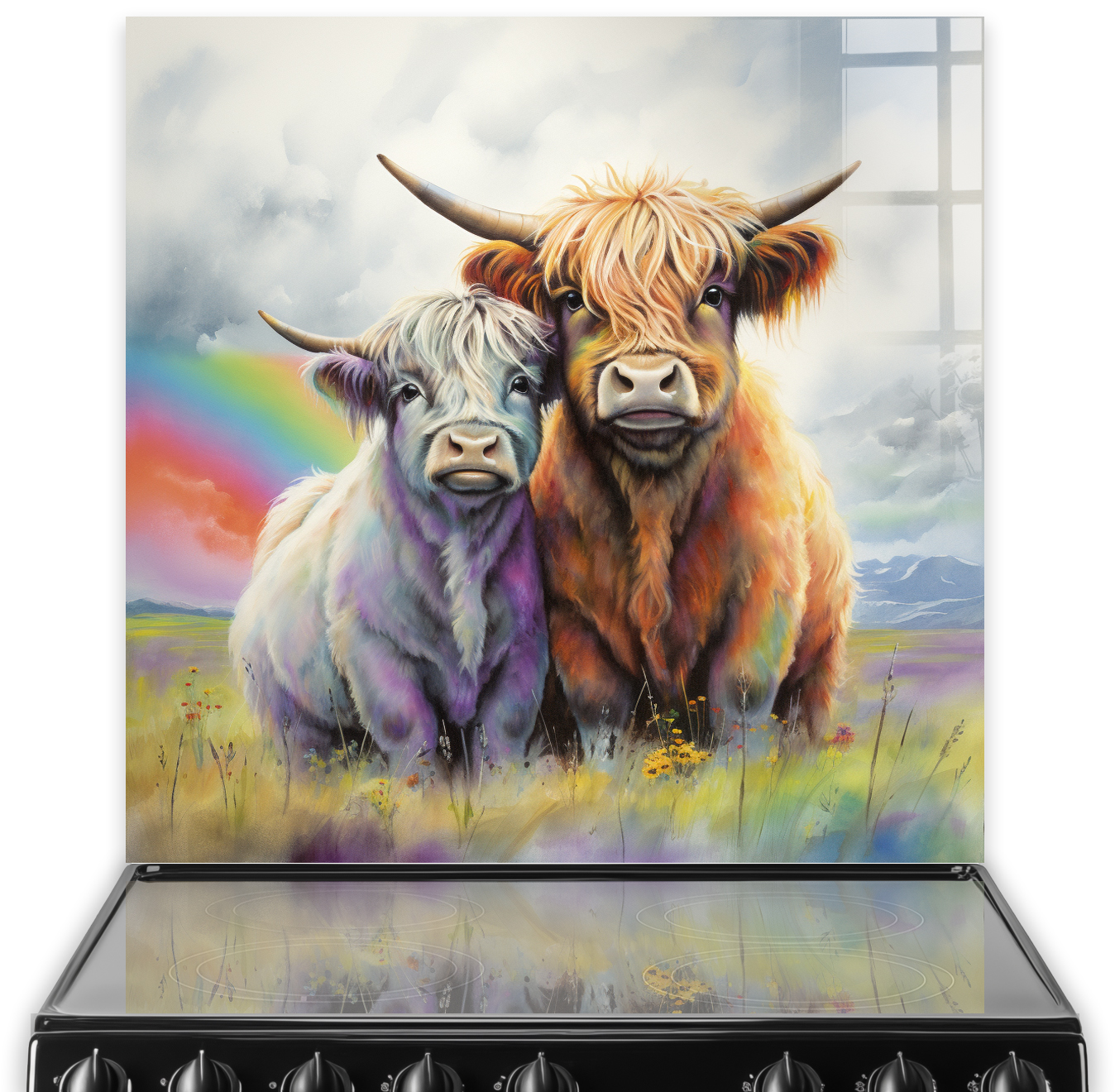 Vibrant highland cows kitchen splashback art with rainbow and scenic backdrop