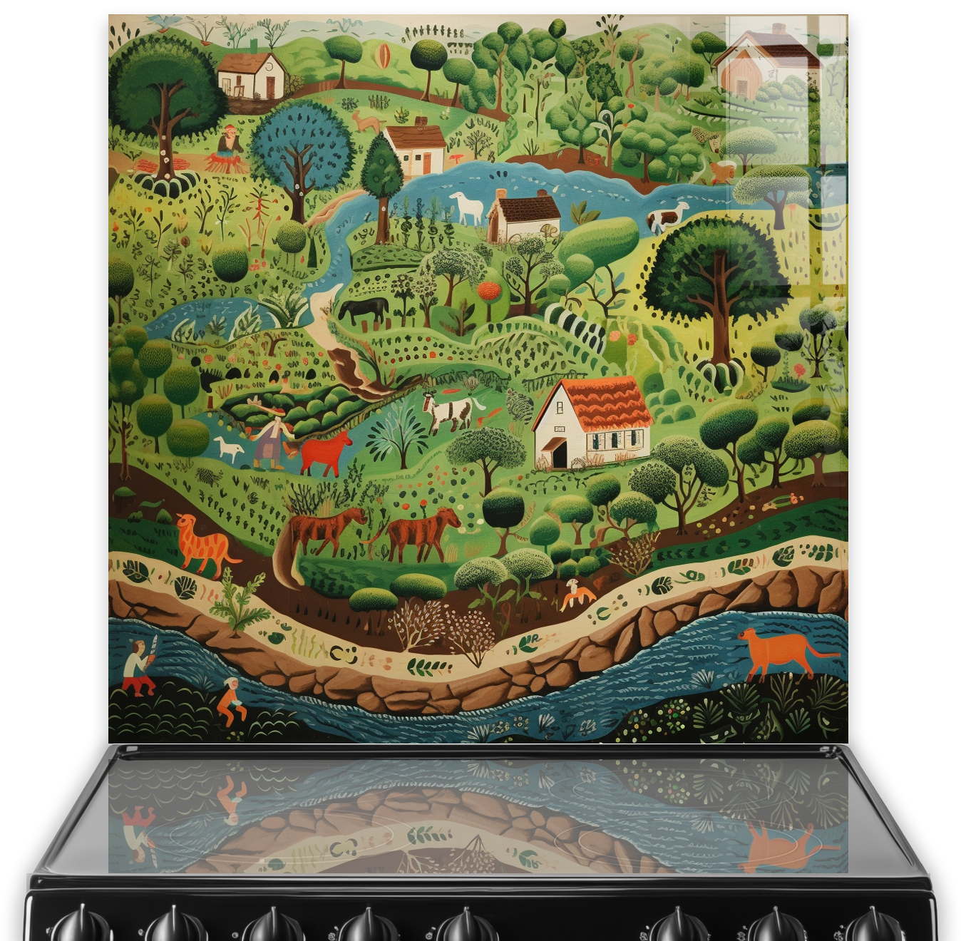 Folk Art style kitchen splashback featuring farm animals and rural landscape in vibrant colours