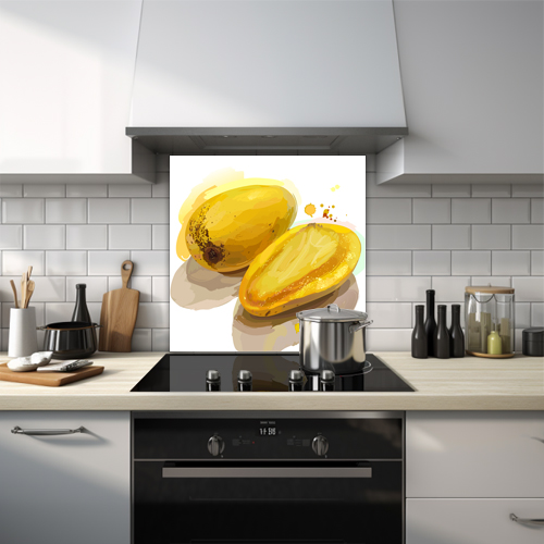 Painted-style glass splashback of two mangos on a white background, one sliced in half.