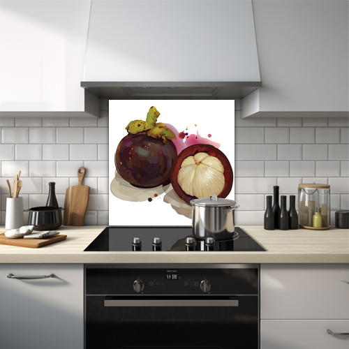 Watercolour glass splashback of two Mangosteens on a white background, one sliced open.