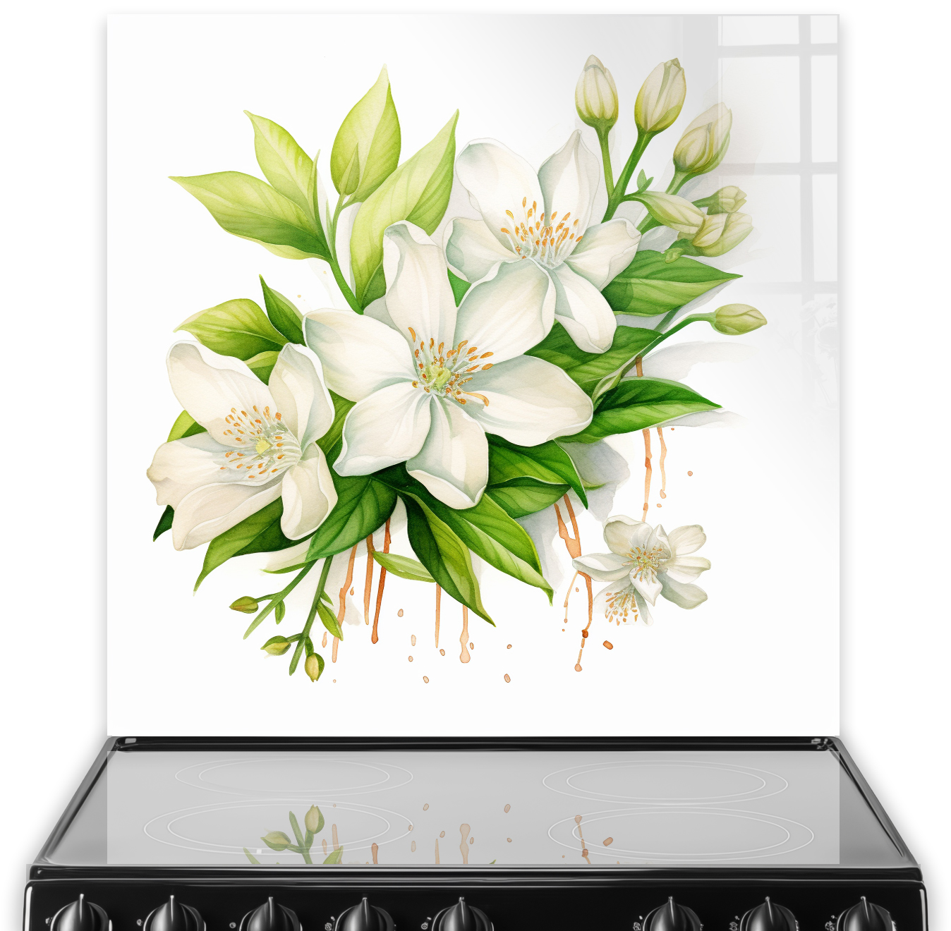 Watercolour painting of jasmine flowers in white and green on a kitchen splashback with warm tones.