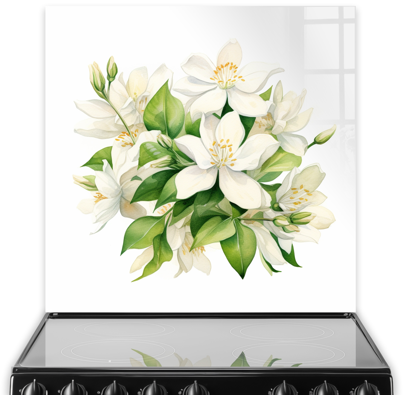 A kitchen splashback with watercolour Jasmine flowers in shades of white, cream, and green.