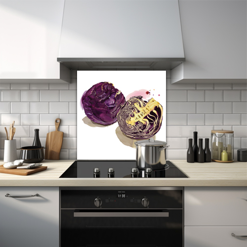 Painted-style glass splashback of two red cabbages on a white background, one sliced open.