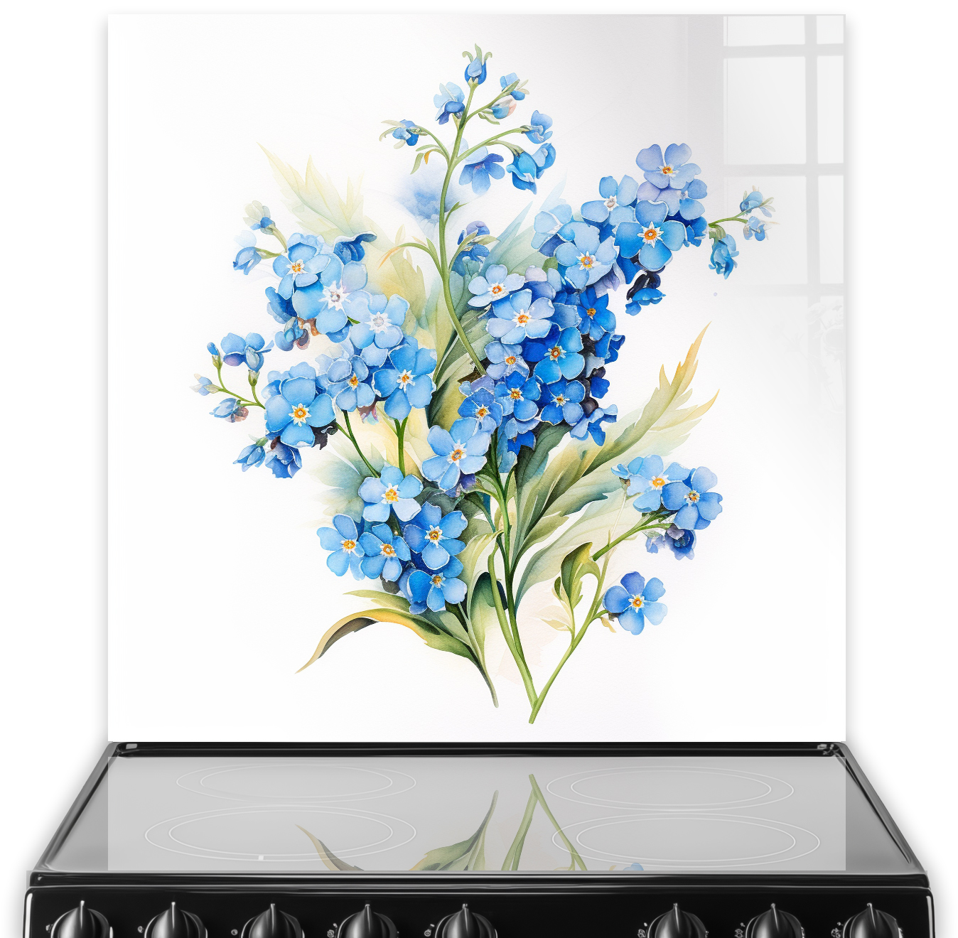 A kitchen splashback with a watercolour painting of blue Forget-me-not flowers against a white background.