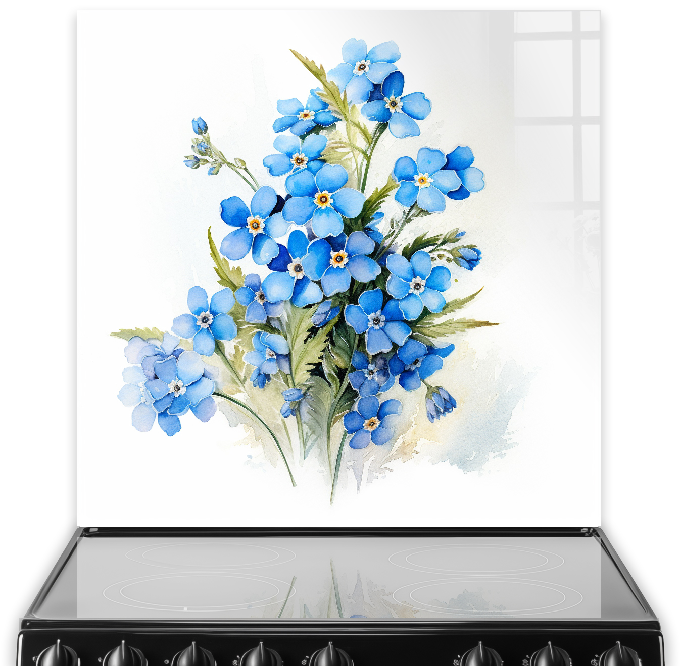 A kitchen splashback with a watercolour painting of blue Forget-me-not flowers against a soft background.