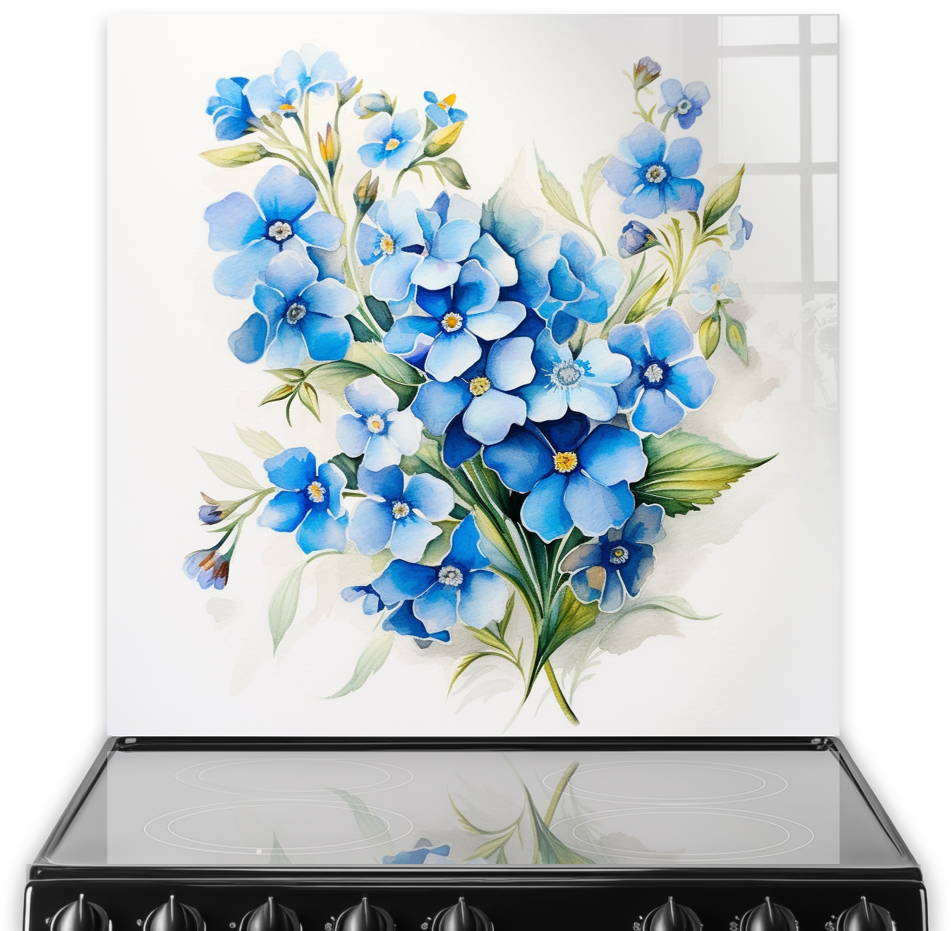 Kitchen splashback featuring watercolour forget-me-not flowers in shades of blue and green.
