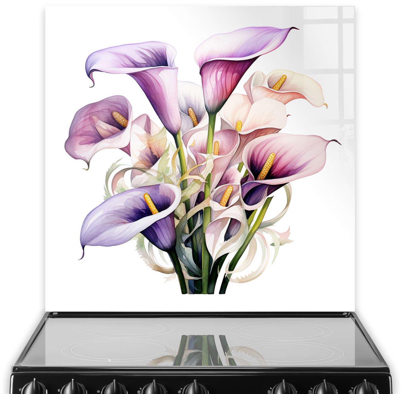 Watercolour painting of Calla Lilies in lavender, cream, and yellow on a kitchen splashback.