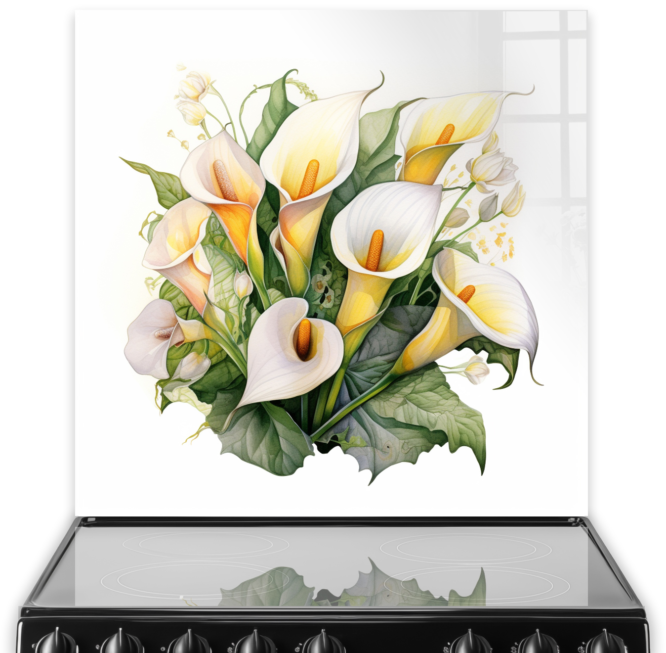 Watercolour painting of Calla Lilies in cream and yellow on kitchen splashback