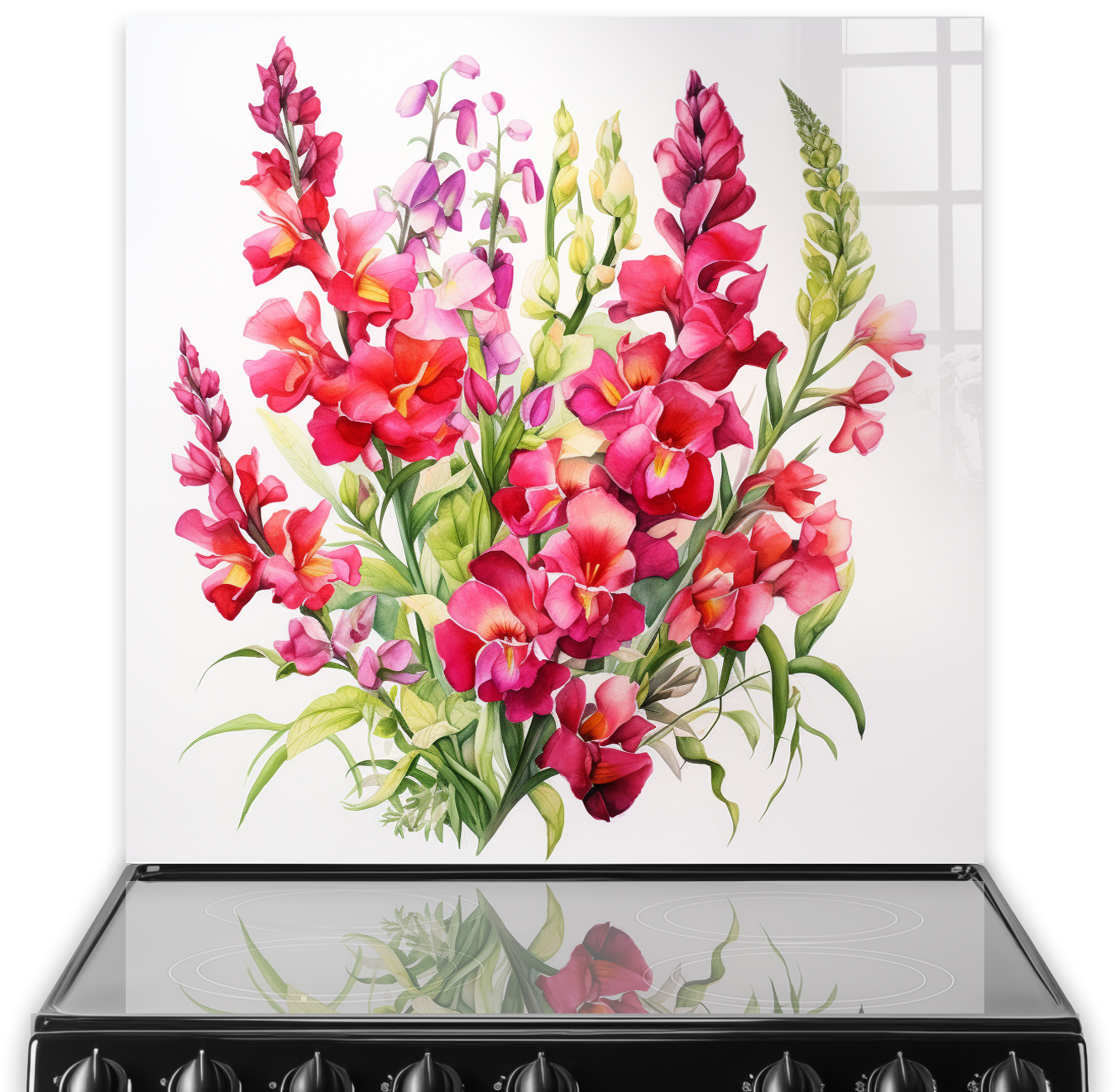 Kitchen splashback featuring watercolour snapdragons in pink, red, and green hues.
