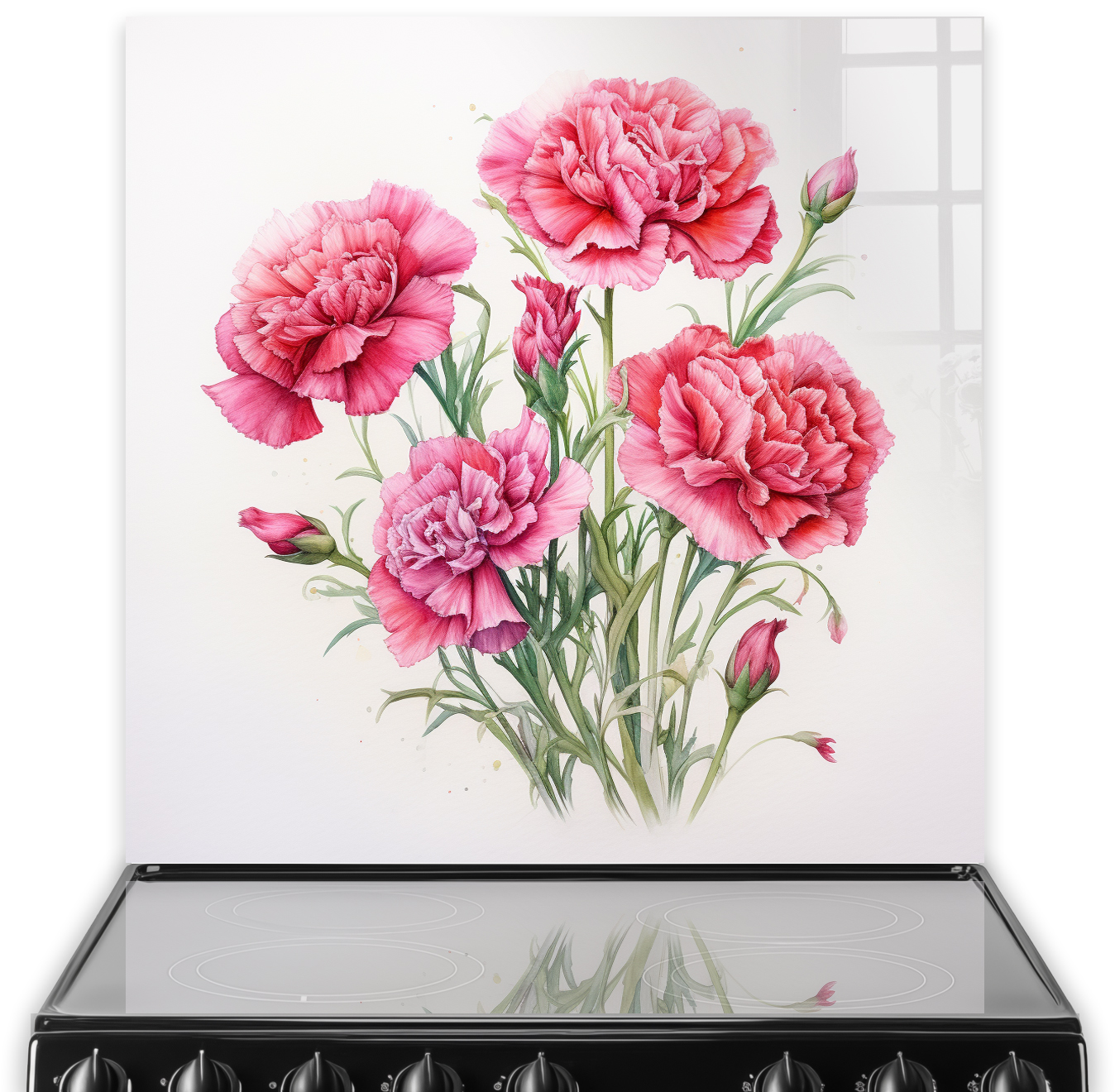 Watercolour painting of pink carnations with green leaves on kitchen splashback.