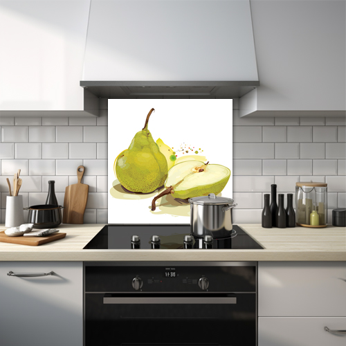 Watercolour glass splashback of two pears on a white background, one cut open.