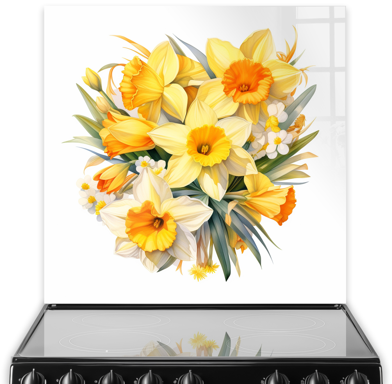 Watercolour painting of yellow and white Daffodils on a kitchen splashback.